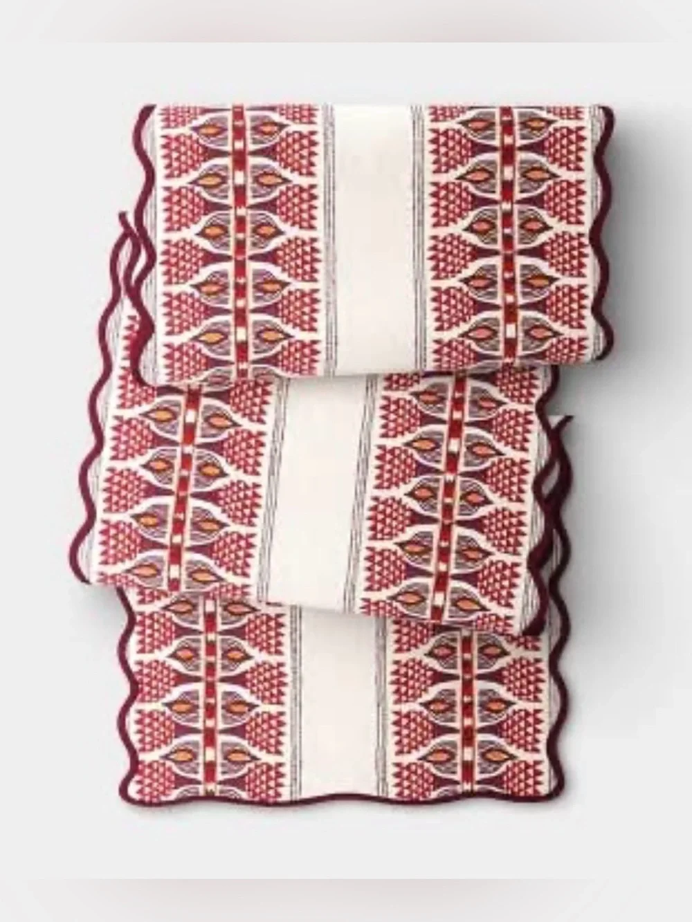 Red & Cream Table Runner with Scalloped Edge- Threshold 14”x72”